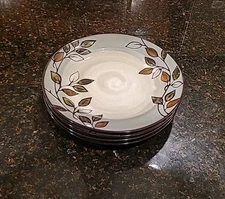 SET OF 4 Pfaltzgraff RUSTIC LEAVES 11 1/8" Stoneware Dinner Plates. Grey, Brown 