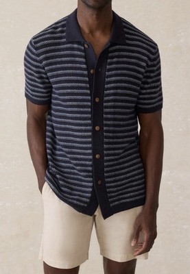 NWT FAHERTY Brand men s s/s button Sweater Shirt sz L Northern Depths Stripe