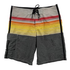 Mossimo Supply Co Board Shorts Mens 30 Gray Red Yellow Stripe Swim Trunks Cargo