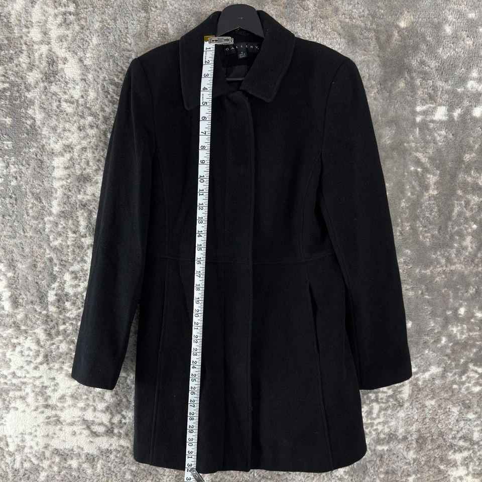 Abrigo de exterior Gallery talla S mezcla de lana botón a presión negro manga larga cuello línea Foto 3 de 4