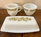 Vintage Pyrex Green Spring Blossom Crazy Daisy Butter Dish w/Lid + Cream & Sugar