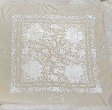 Vintage Shawl Piano Manton de Manila Bright Cream Silk Embroidered 55" 28"Fringe