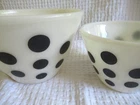 2 Vintage Mid Century Fire King Milk Glass Black Polka Dot 7 3/4" & 9 1/2" Bowls