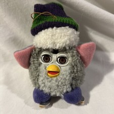 VTG Furby Christmas Ornament Plush Stuffed Gray Santa Hat Xmas Ice Skates 4 B03