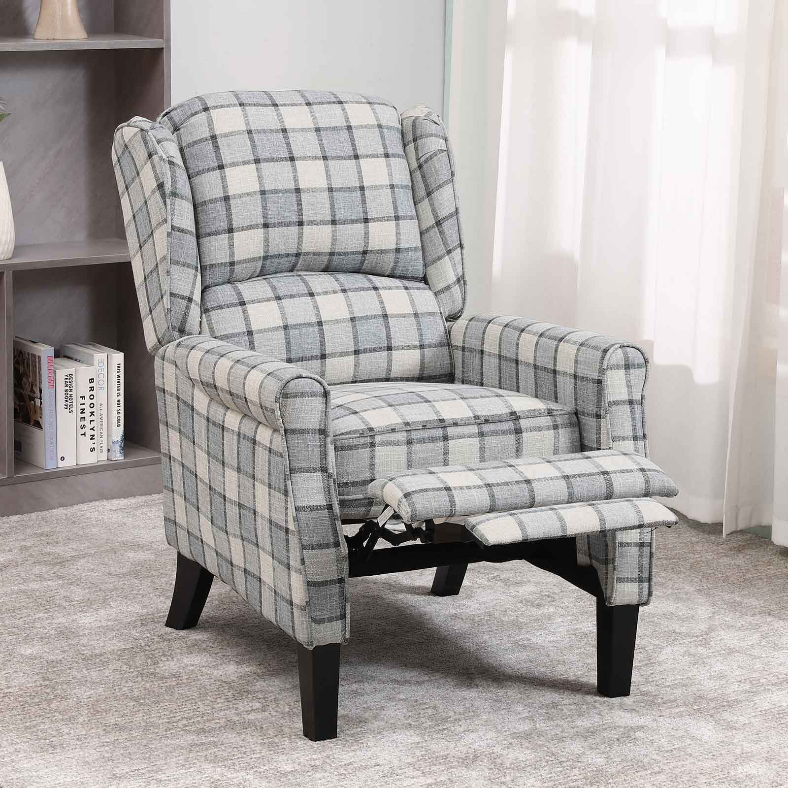ONPNO Tartan Reclining Chairs Wing Back Armchair For Living Room Grey