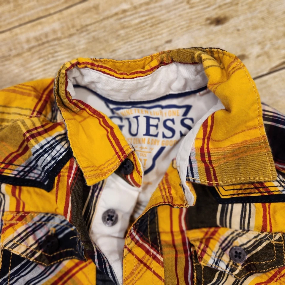 Guess boys size 3T yellow blue plaid button up shirt - Изображение 2 из 2