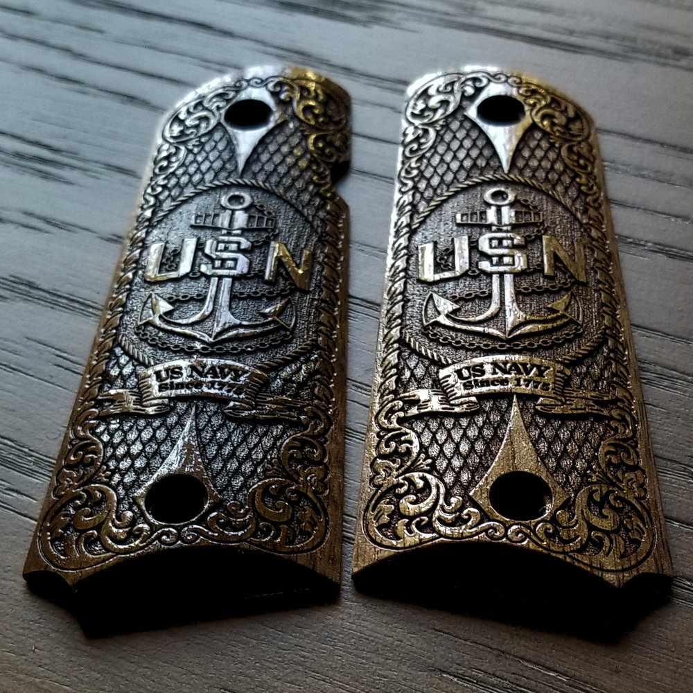 1911 custom 3D engraved walnut wood grips Scroll US Navy USN