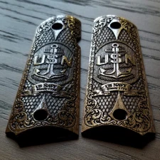 1911 custom 3D engraved walnut wood grips Scroll US Navy USN Anchor