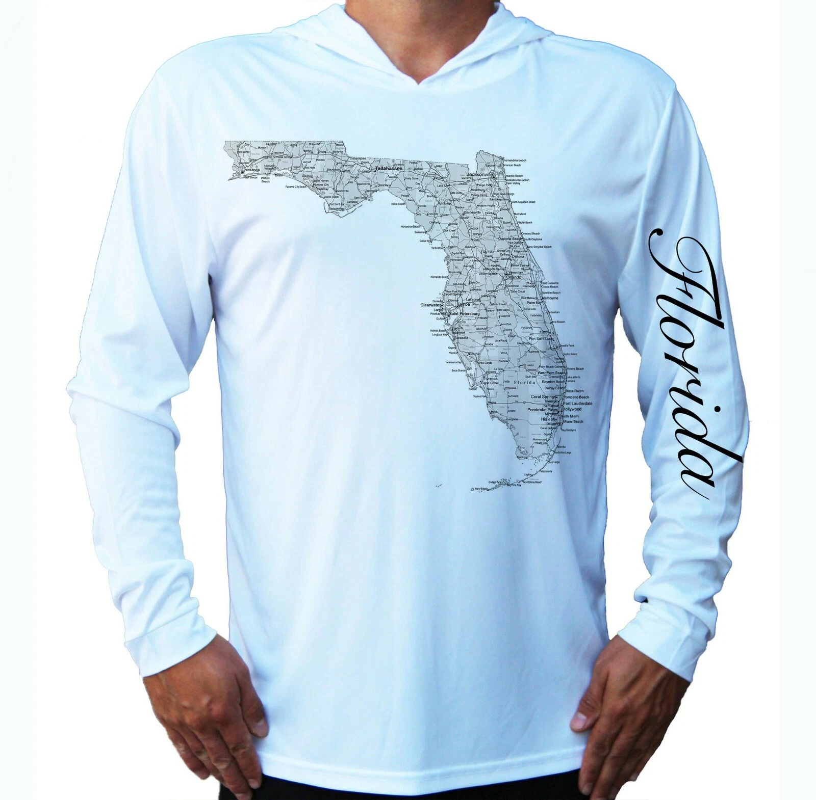 Florida State Map Sport Sun UV Protected UPF 50 Long Sleeve T-Shirt Hood Fishing