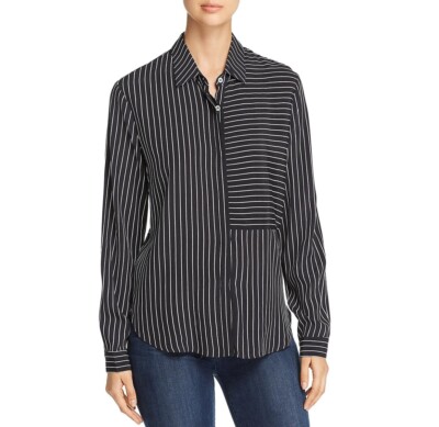 Three Dots Womens S Black White Striped Long Sleeve Button Up Tunic Top NWT CL20