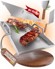 Waldmeister® Plancha Grillplatte Edelstahl [30x40cm] mit Deckel und Griffen