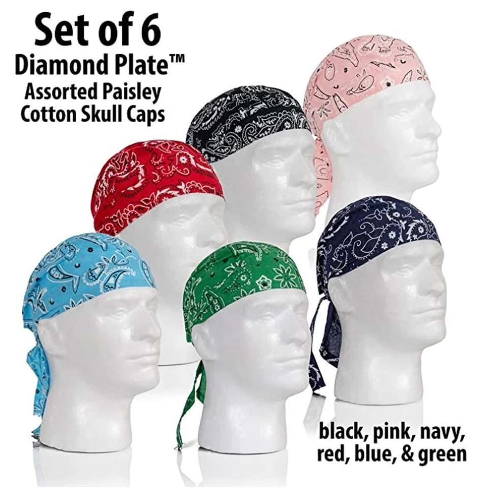 6pc Do Rag Skull Set Cap Black Cotton Du Head Wrap Motorcycle Biker Bandana - Image 2 of 4