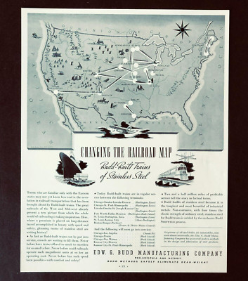 1937 Budd Train Werbung wechselnde Eisenbahn Revolution USA Karte Vintage Druck AD