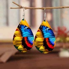 Sunflowers/Butterflies Gorgeous Waterdrop Wooden Earrings, Boho Style Gifts