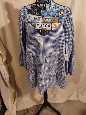 OLD NAVY Womens 3/4 Sleeve Plaid Blue/White Off-The-Shoulder Top