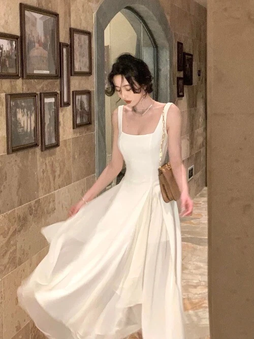 OFF WHITE Abito midi bianco elegante francese volant 2023 estate nuovo sera festa donna