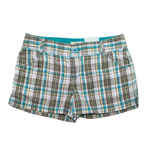 Womens Teal Brown Plaid Micro Mini Chino Shorts SO Size 7 Y2K Scene Low Rise NWT