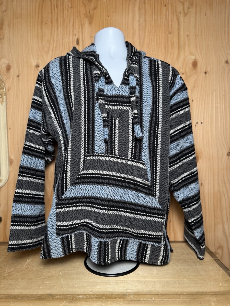 Vtg Earth Ragz Baja Hoodie Drug Rug Striped Woven Pullover Mens XL Black Blue