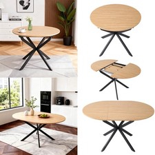 Round Extending Dining Table, 100cm-140cm,Natural Wood Tabletop with Metal Frame
