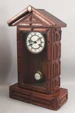 Large 24in Antique Folk Art Chip Carved Tramp Art 19thC Vienna Mantel Clock 