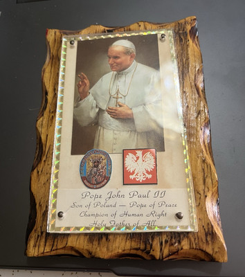 Pope John Paul II Portrait Wood Plaque w/Our Lady of Czestochowa & Polish Icon