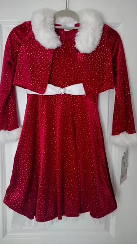NWT Girls 8 BONNIE JEAN Sparkling Red Santa Christmas Dress & Shrug Jacket 