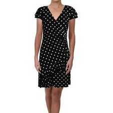 Ralph Lauren Hartley Polka Dot Faux Wrap Dress Womens 14 Black White Jersey Knit
