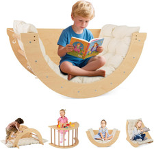 Wooden Arch Climber Rocker with Soft Cushion, 6 in 1 Montessori Climbing Toys fo