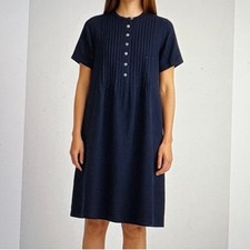 Quince 100% European Linen Short Sleeve Swing Dress XL Deep Navy Pockets Buttons