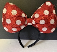 Disney Parks Large 10” Jumbo Minnie Bow Headband Sequins Polka Dot Mickey Ears