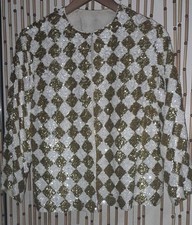 Vtg 50s 60s Gold White Harlequin Checker RARE Diamond Sequin Cardigan Sweater L