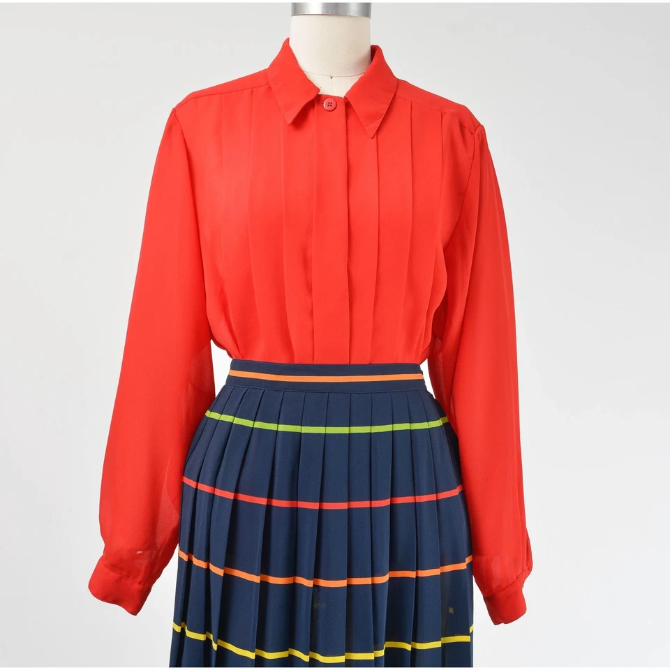 Vintage 80s Red Pleated Blouse Semi Sheer Top Collared Button Down Blouse M - Image 3 of 4