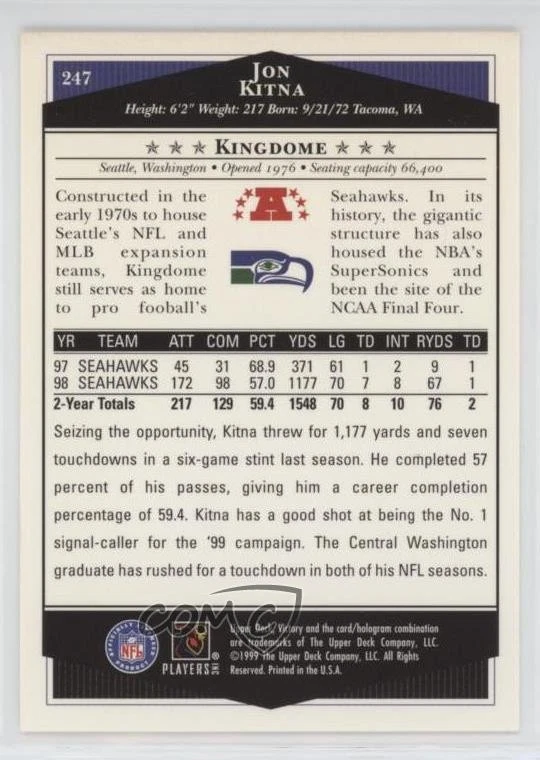 1999 Upper Deck Victory Jon Kitna #247 - Image 2 of 2