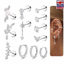 12pc/Set Crystal Tragus Helix Cartilage Stud Earring Flat Back Women Girls Gifts