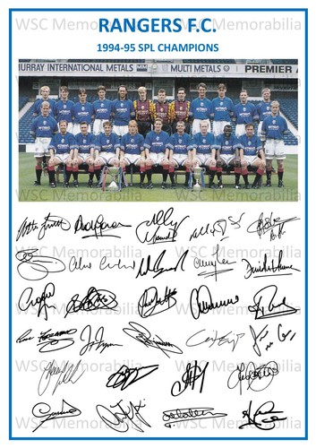 12878. 1994-95 Glasgow Rangers Signed Team Photo Sheet PRINTED AUTOS A4 Champion