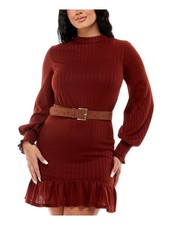 B DARLIN Womens Brown Mock Neck Short Evening Fit + Flare Dress 34