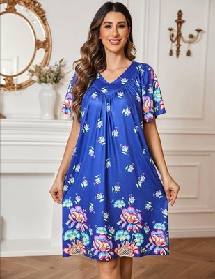 Ekouaer Womens House Dress Floral Print Moo Moos Nightgowns Moomoo Dresses Mumus with Pockets Blue Flower XL