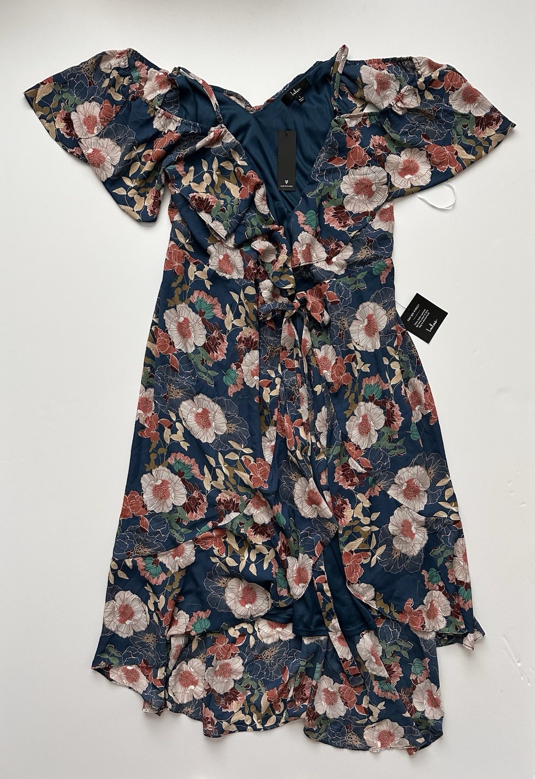 Lulus Blue Floral Wrap V-Neck Puff Short Sleeve Tie Ruffle Midi Dress Size L