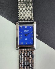 Vintage Seiko Slim Tank Quartz Men Blue Dial Dress Watch-Free Shipping
