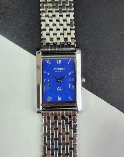 Vintage Seiko Slim Tank Quartz Men Blue Dial Dress Watch-Free Shipping.