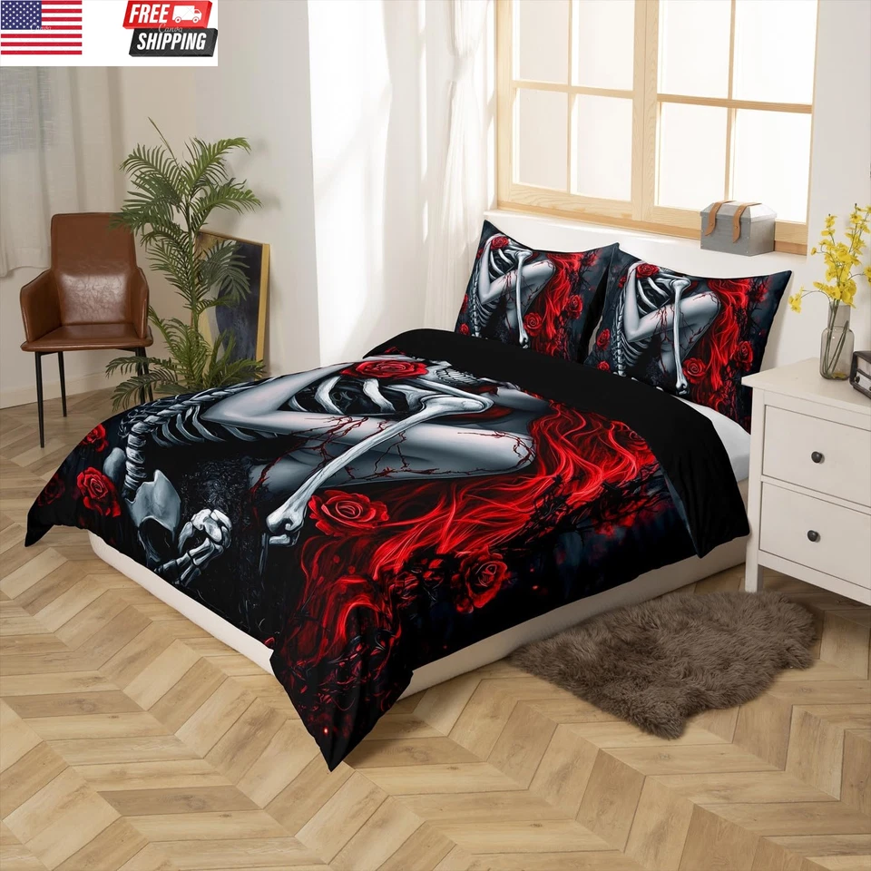Juego de Cama Gótico Rosa Roja Juego de Edredón, Estilo Arte Calavera Gótica Microfibra Suave Foto 2 de 4