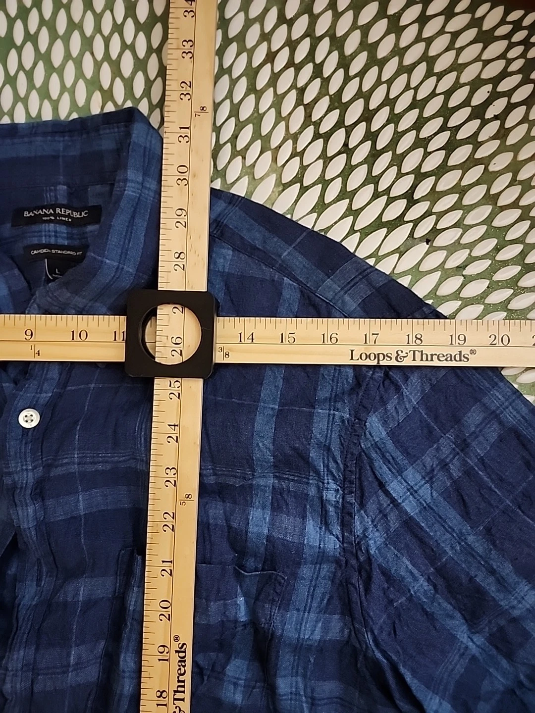 100% Linen Short sleeve Blue Plaid Shirt Mens L