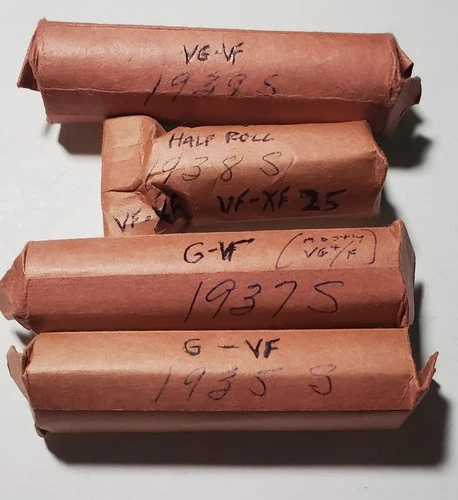 3.5 "S" ROLLS: 1935-S, 1937-S, 1938-S, 1939-S Lincoln Wheat Cent G VG VF XF