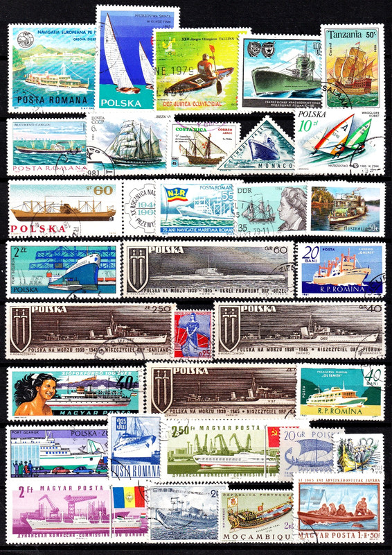 Ships Stamps Lot 30 Boat Postage Stamps Sailboats Freighters Passenger Boats Sub