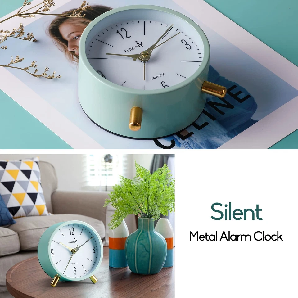 Reloj despertador súper silencioso de 4" verde crema pitido despertar luz nocturna funciona con pilas Foto 2 de 4