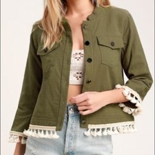 Homebody Darsha Olive Green Three-quarter Sleeve Tassel Jacket Size Large