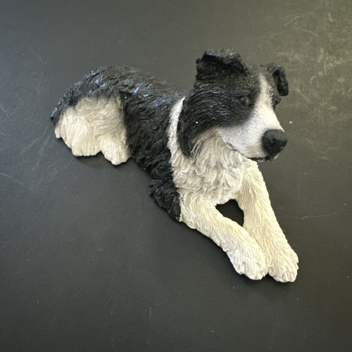 Border Collie Figurine Black White Resin Laying Down 3.5 Inches Miniature Figure