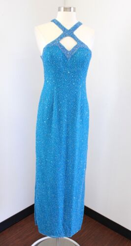 Vtg Blue Silk Beaded Sequin Strappy Cutout Party Evening Formal Dress Size 6 - Picture 1 of 10