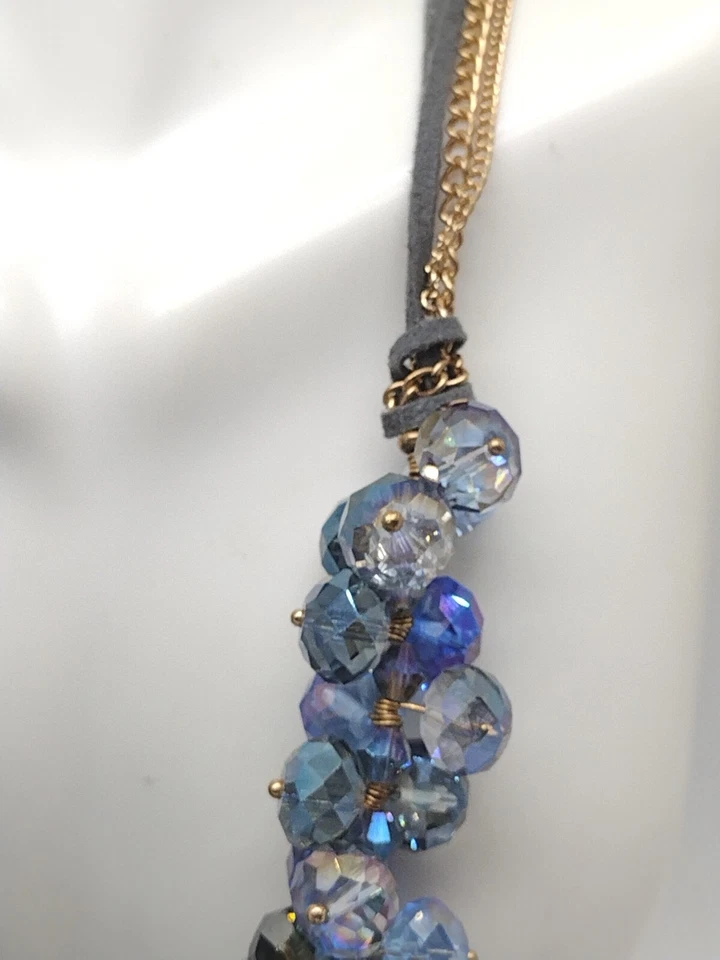 Collar Ali Khan Azul Racimo Cristal Cuentas Cadena Cuero Tono Dorado Joyería Foto 4 de 4