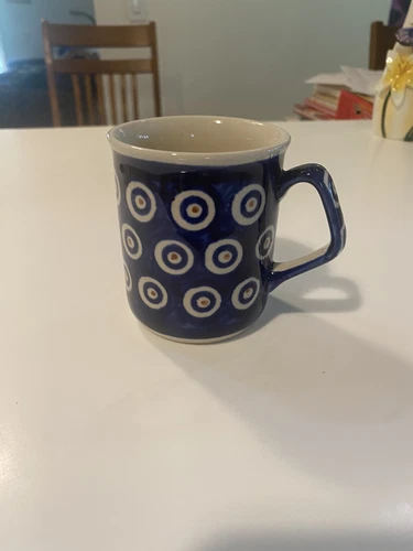 Boleslawiec Polish Pottery Mug Cup Hand Painted Cobalt Blue Dots Peacock